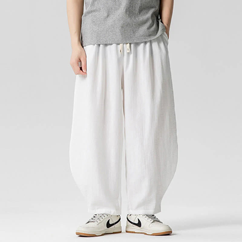 Buddha Stones Summer Pure Color Drawstring Men's Cotton Ankle-Length Pants With Pockets