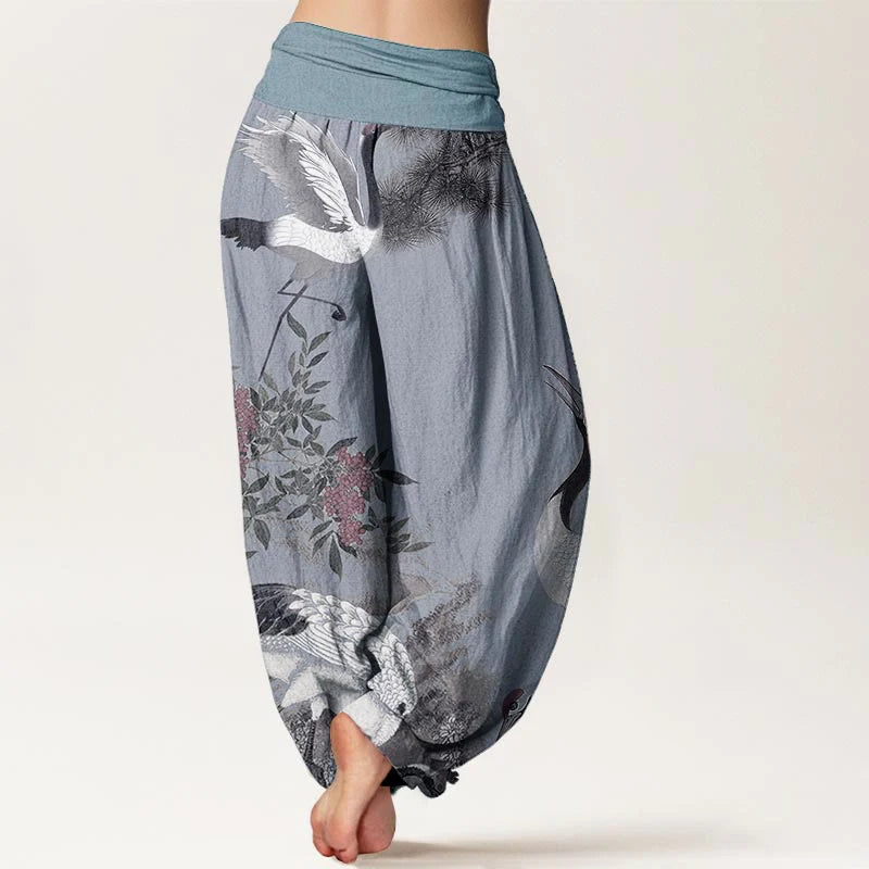 Buddha Stones Cotton Casual Red-crowned Crane Pine Tree Mountain Women's Elastic Waist Harem Pants