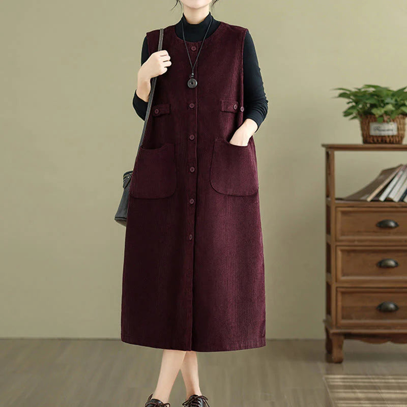 Buddha Stones Pure Colo Buttons Sleeveless Midi Dress With Pockets