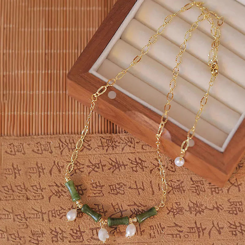 Buddha Stones Tianshan Jade Bamboo Pearl Abundance Wealth Necklace Pendant