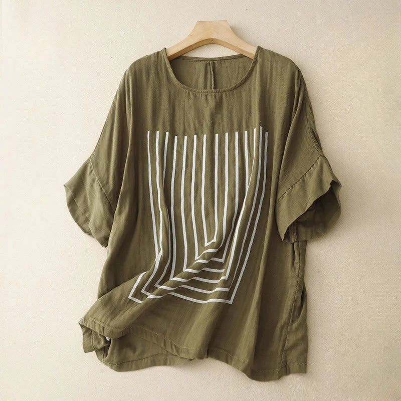 Buddha Stones Casual Line Printing Pattern Short Sleeve Cotton Linen Women's T-Shirt