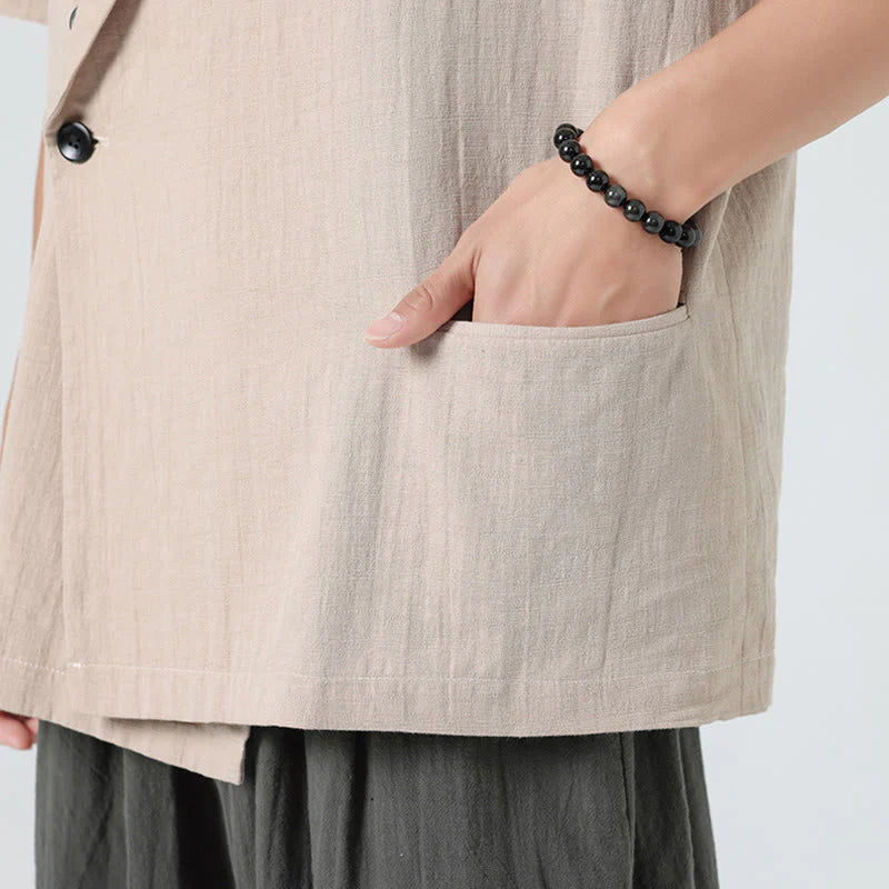 Buddha Stones Spring Plain Asymmetrical Lapel Collar Short Sleeve Men's Cotton Linen Shirt With Pockets