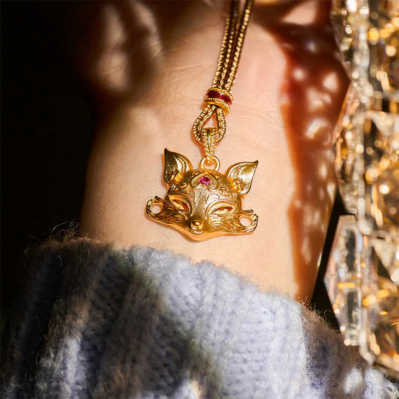 Buddha Stones 24k Gold Plated Brass Fox Charm Texture Rope Necklace Pendant