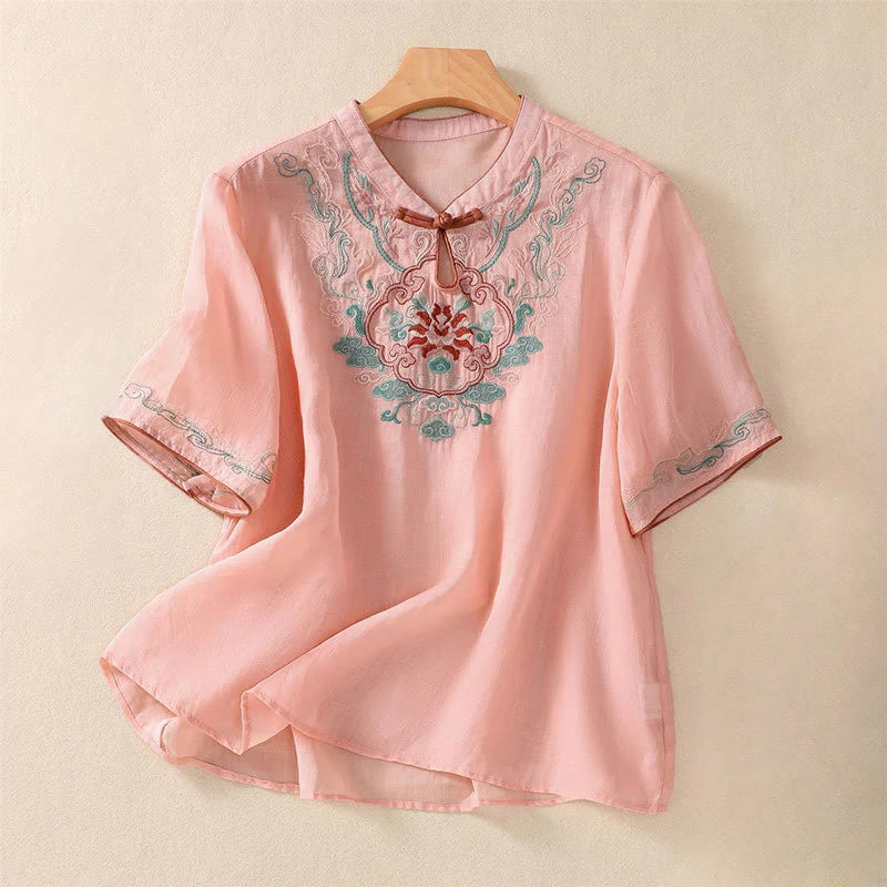 Buddha Stones Casual Retro Embroidery Frog-Button Design Women's Cotton Linen Half Sleeve Shirt