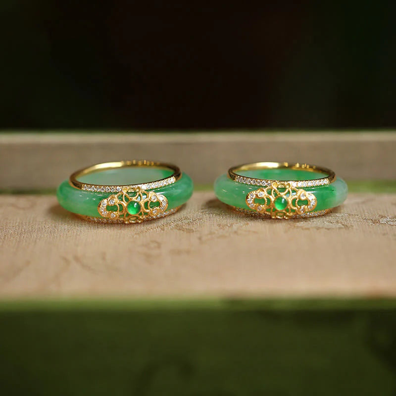 Buddha Stones 18K Gold Plated Natural Green Chalcedony Strength Ring
