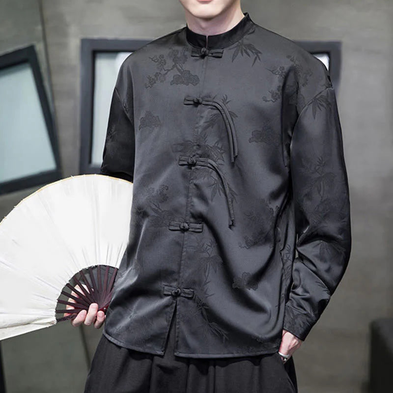 Buddha Stones Plain Frog-Button Design Tang Suit Men's Long Sleeve Jacket