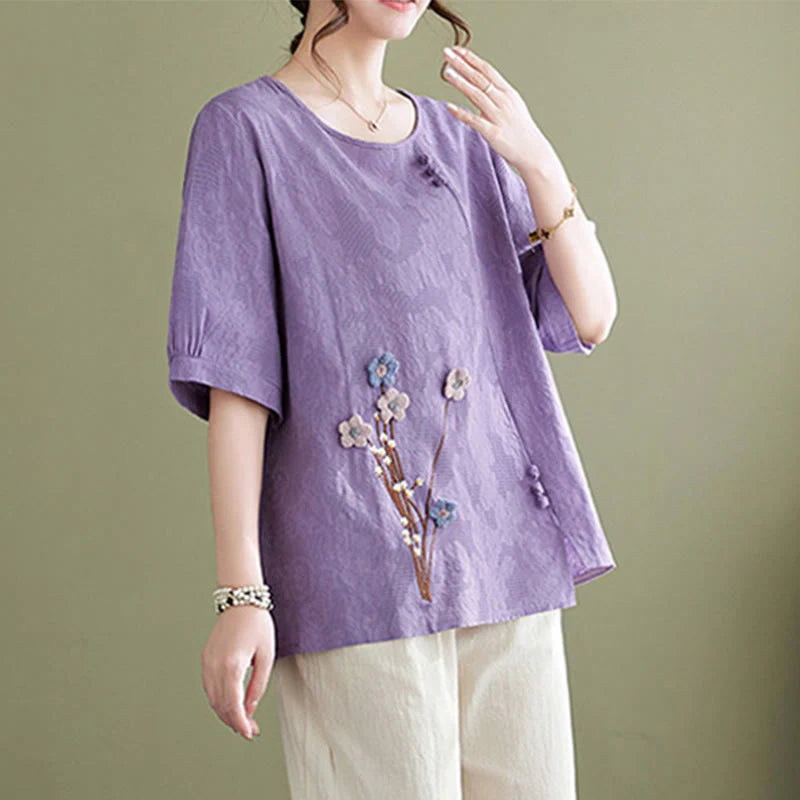 Buddha Stones Three-dimensional Flowers Design Crew Neck Short Sleeve Cotton Women's Shirt