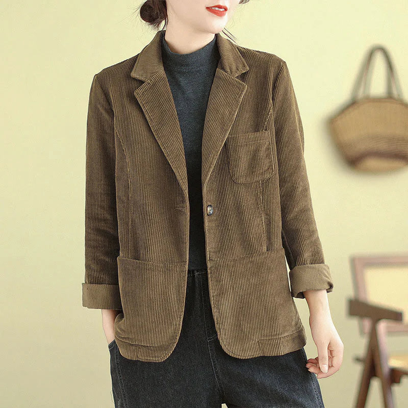 Buddha Stones Retro Plain Women's Long Sleeve Corduroy Jacket With Pockets