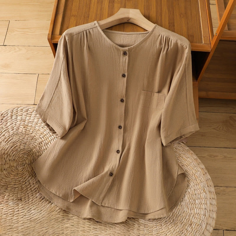 Buddha Stones Casual Plain Buttons Half Sleeve Women's Cotton Linen Shirt With Pocket