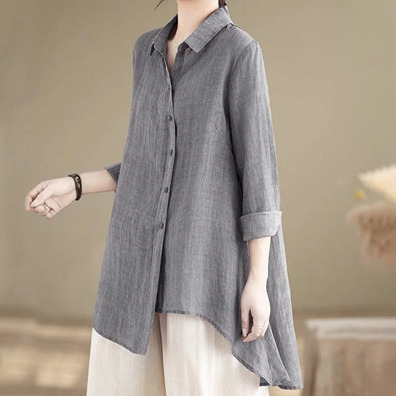 Buddha Stones Irregular Design Buttons Long Sleeve Women's Cotton Shirt