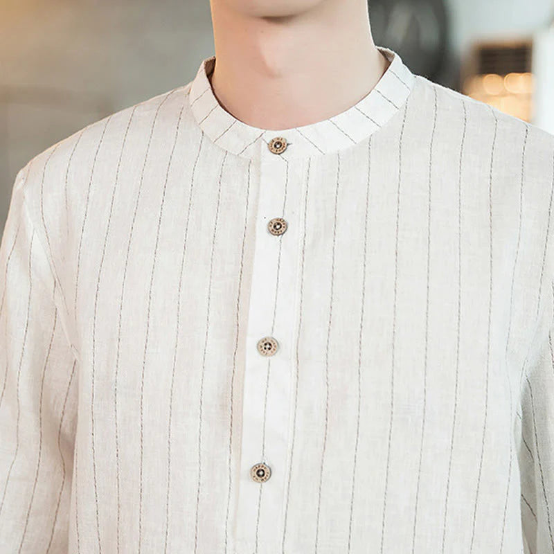 Buddha Stones Plaid Half Buttons Stand Collar Three Quarter Sleeve Cotton Men's Shirt