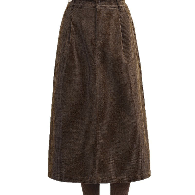 Buddha Stones Pure Color Elastic Waist Women's 7-8 Length Corduroy Skirt With Pockets
