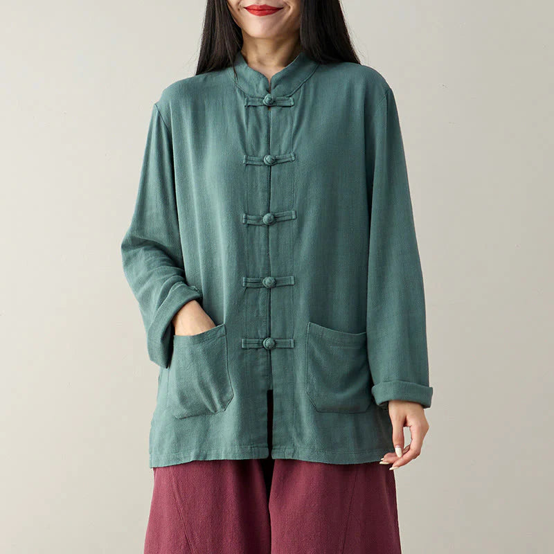 Buddha Stones Solid Color Frog-button Long Sleeve Cotton Linen Women's Shirts With Pockets