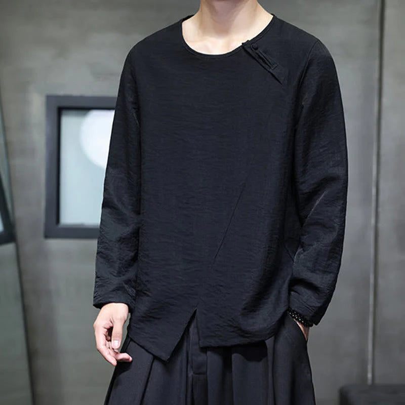 Buddha Stones Solid Color Loose Long Sleeve Round Neck Men's Shirts