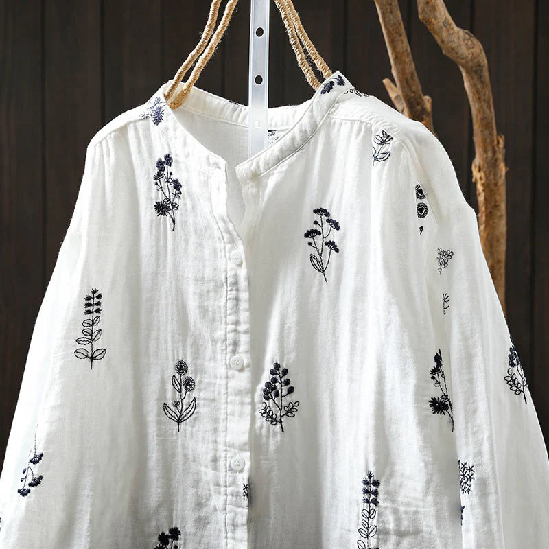 Buddha Stones Floral Embroidery Buttons Down Long Sleeve Women's Cotton Shirt