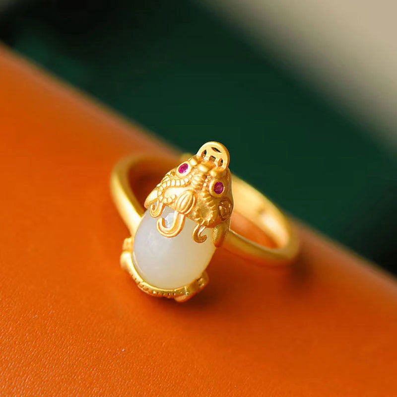 Buddha Stones 18k Gold-plated Pixiu Jade Wealth Ring (Extra 35% Off | USE CODE: FS35)
