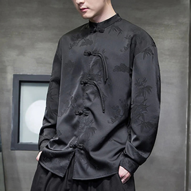 Buddha Stones Plain Frog-Button Design Tang Suit Men's Long Sleeve Jacket
