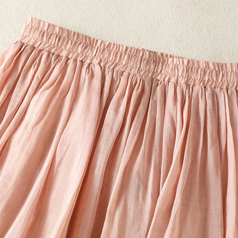 Buddha Stones Summer Plain Drawstring Lace Patchwork Design Women's Cotton Linen 7-8 Length Skirt