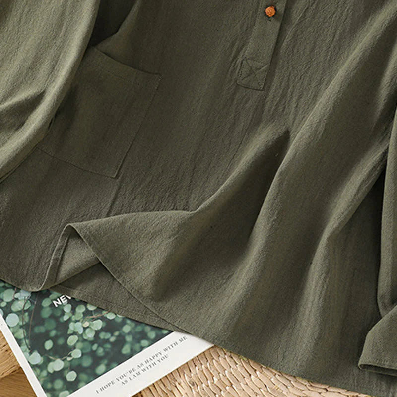 Buddha Stones Summer Casual Pure Color Half Button Simple Design Women's Cotton Linen Half Sleeve Shirt With Pocket