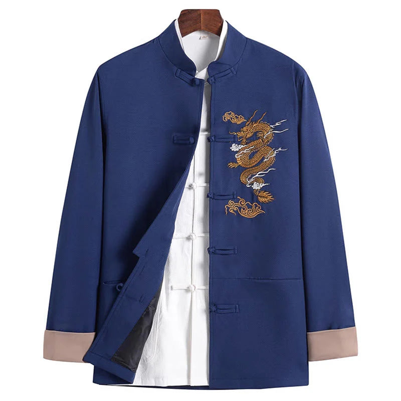Buddha Stones Embroidery Dragon Frog-Button Desgin Long Sleeve Men's Jacket