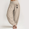 Buddha Stones Chinese Character Red Seal Pattern Women's Elastic Waist Harem Cotton Pants