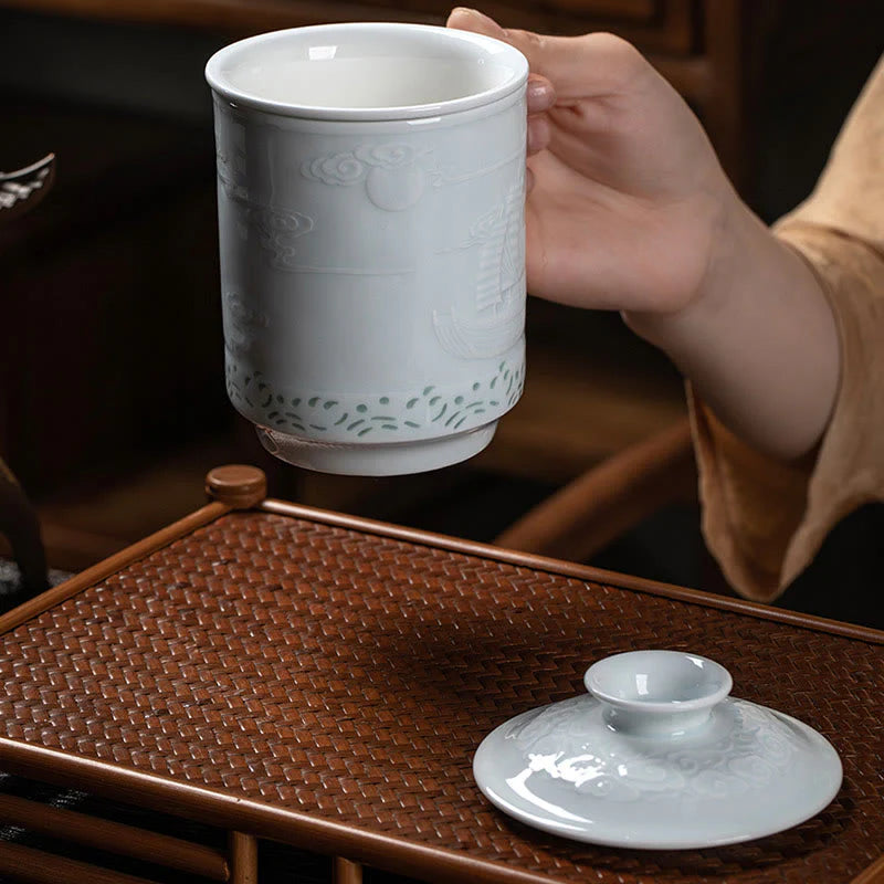 Buddha Stones Jingdezhen Linglong Porcelain Auspicious Dragon Phoenix Boat Smooth Sailing Ceramic Teacup Office Tea Cups 420ml