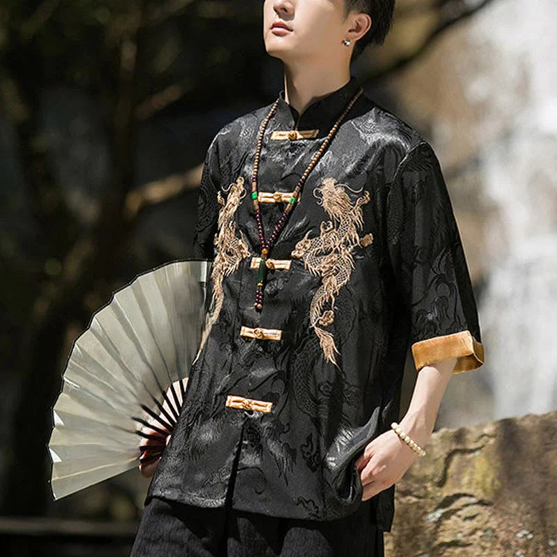 Buddha Stones Embroidered Dragon Pattern Colorblock Design Tang Suit Men's Frog-Button Half Sleeve Shirt