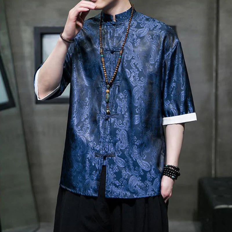Buddha Stones Summer Cashew Flowers Pattern Men's Frog-Button Half Sleeve Shirts