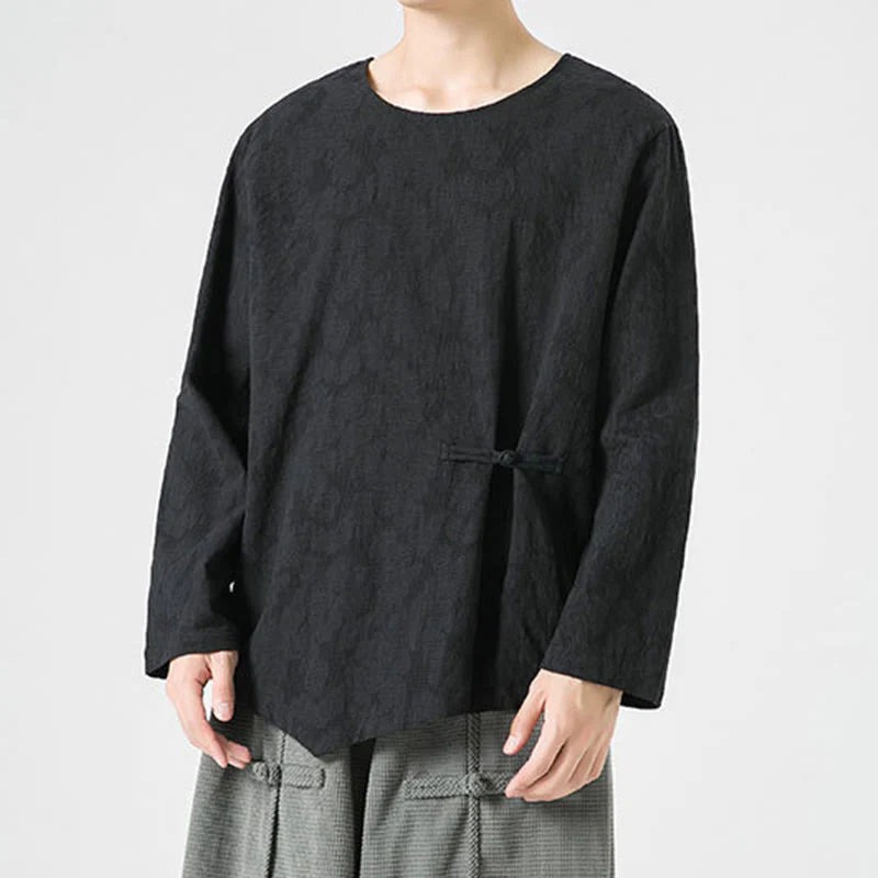 Buddha Stones Men's Chinese Frog-Button Plain Design Cotton Long Sleeve T-Shirt Zen Clothing