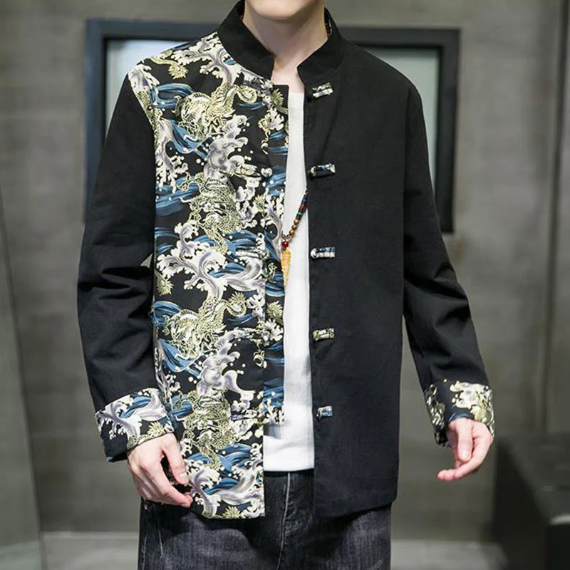Buddha Stones Printed Color Contrast Dragon Pattern Frog-button Long Sleeve Men's Cotton Jacket