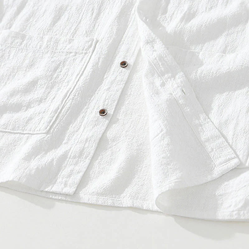 Buddha Stones Casual Buttons Design Stand Collar Men's Short Sleeve Cotton Linen Shirt With Pockets
