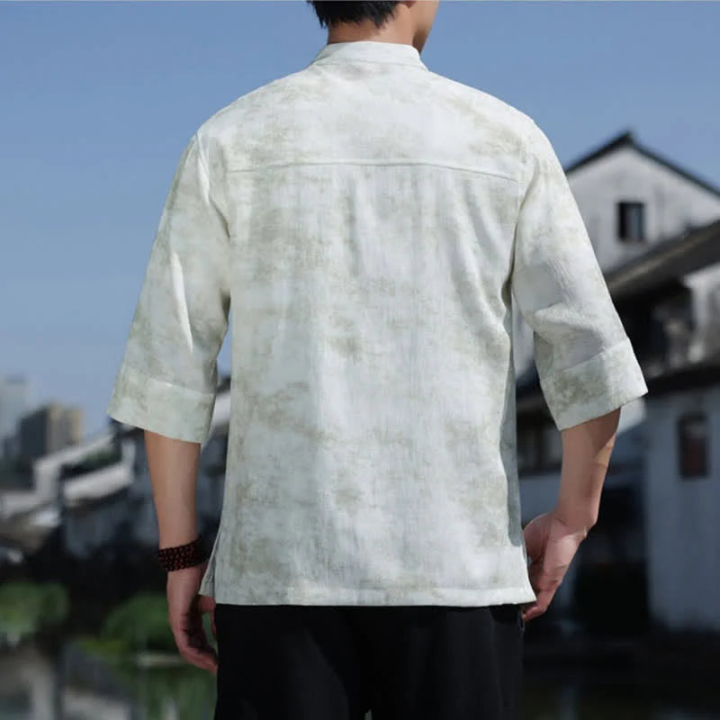 Buddha Stones Frog-Button Mottled Pattern Embroidery Short Sleeve Tang Suit Men's Linen Shirt