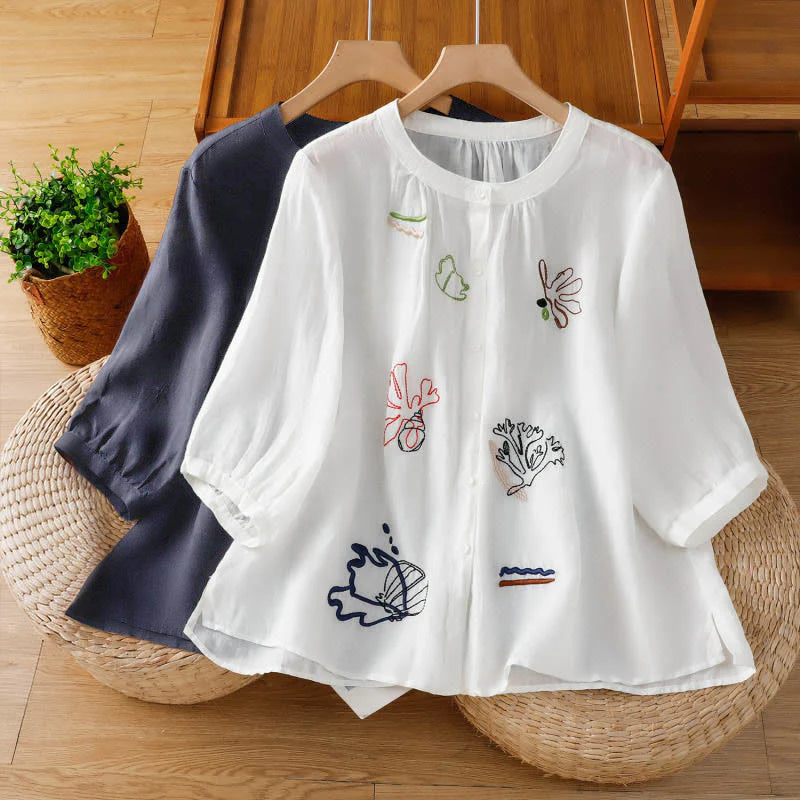 Buddha Stones Coral Gourd Pattern Crew Neck Half Sleeve Women's Polyester Shirt