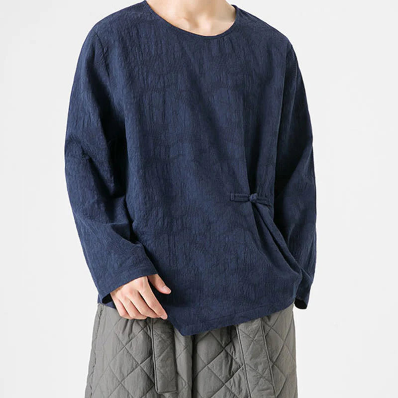 Buddha Stones Men's Chinese Frog-Button Plain Design Cotton Long Sleeve T-Shirt Zen Clothing