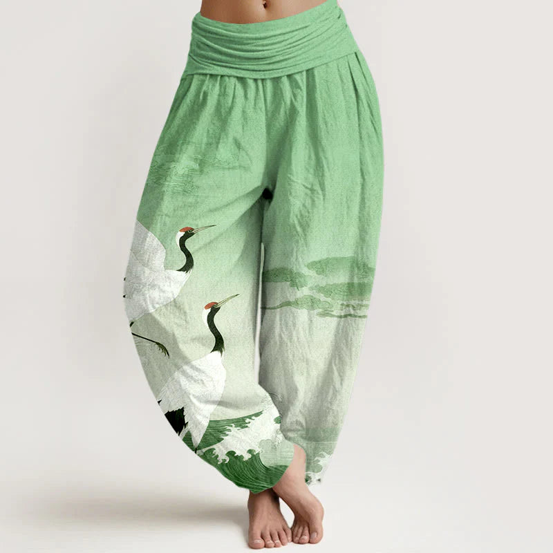 Buddha Stones Pure Cotton Cranes Auspicious Clouds OceanÂ Women's Elastic Waist Harem Pants