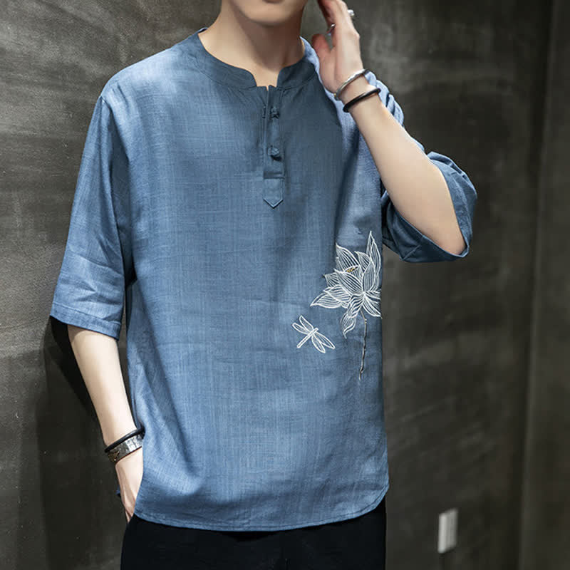 Buddha Stones Summer Embroidered Lotus Dragonfly Pattern Chinese Frog-Button Men's Short Sleeve T-shirt