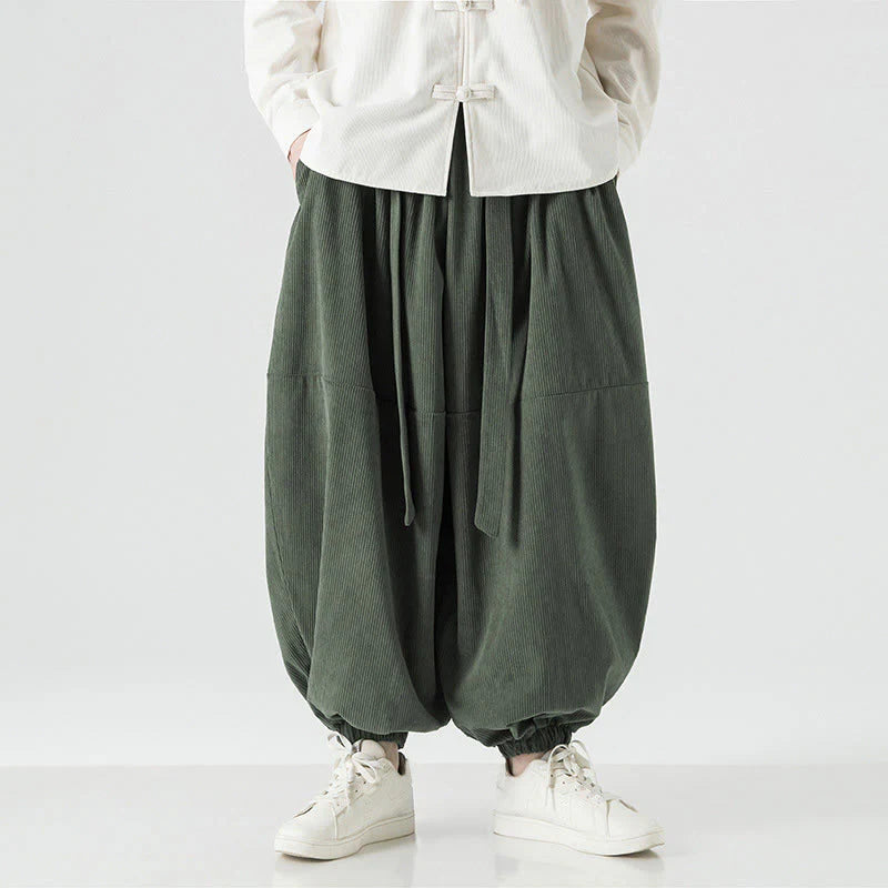 Buddha Stones Winter Solid Color Men's Harem Pure Cotton Corduroy Pants With Pockets