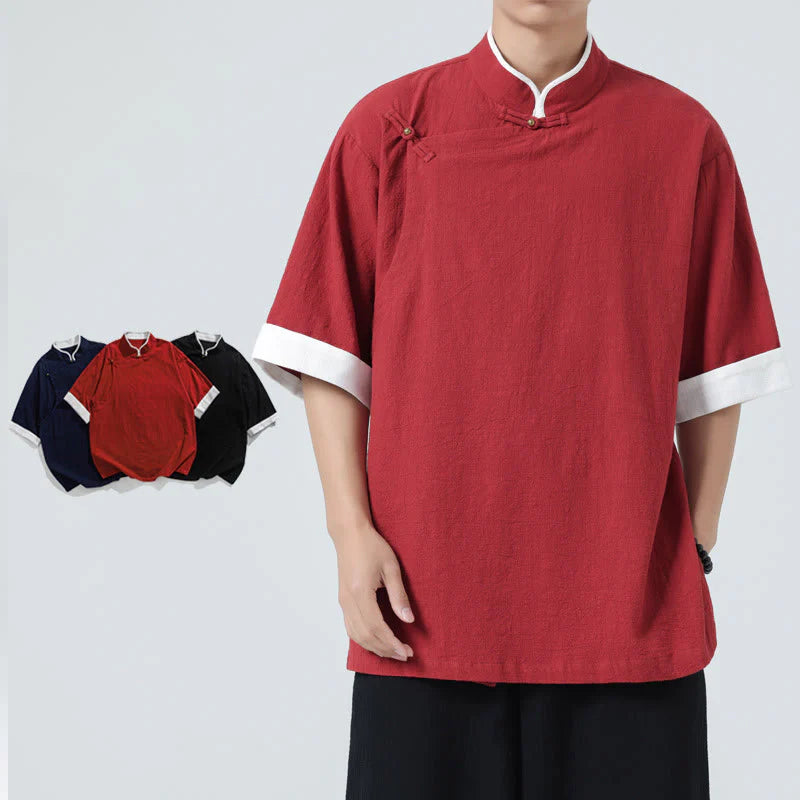 Buddha Stones Vintage Spring Color Matching Collar Slanted Placket Design Men's Half Sleeve Cotton Linen Shirt