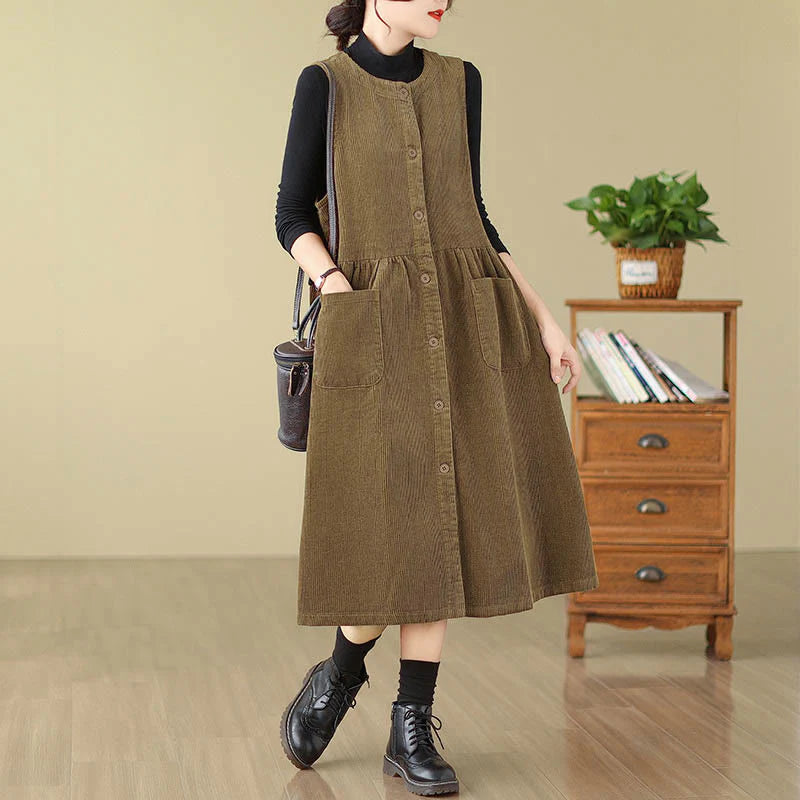 Buddha Stones Fall Retro Buttons Design Corduroy Sleeveless Midi Dress With Pockets