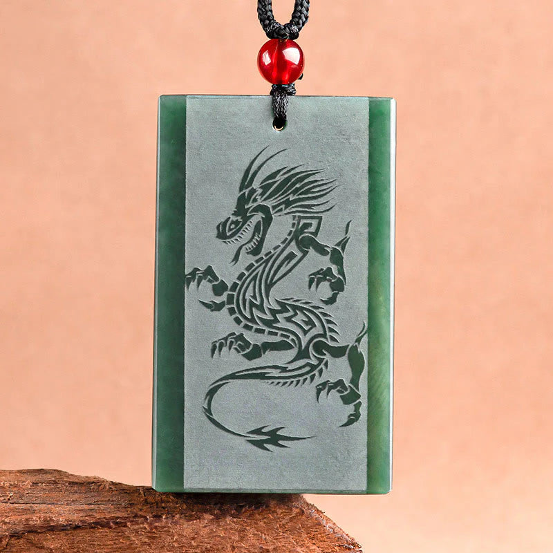 Buddha Stones Hetian Cyan Jade Dragon Engraved Success Necklace Pendant
