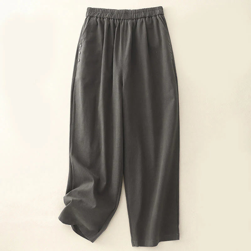 Buddha Stones Casual Snap Buttons Women's Cotton Polyester Pants With Pockets
