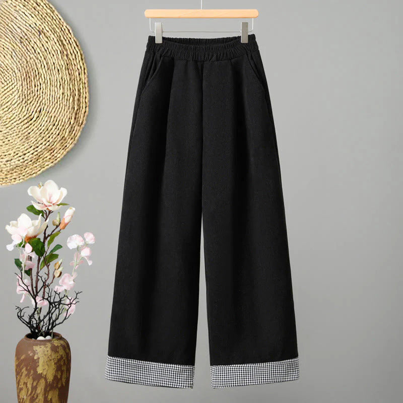 Buddha Stones Plain Elastic Waist Patchwork Plaid Women's Ankle-Length Wide Leg Corduroy Pants