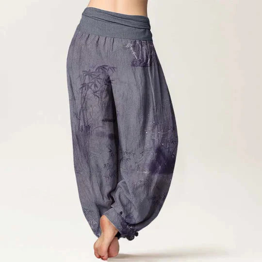 Buddha Stones Cotton Casual Bamboo Rock Ink Painting Women's Elastic Waist Harem Pants