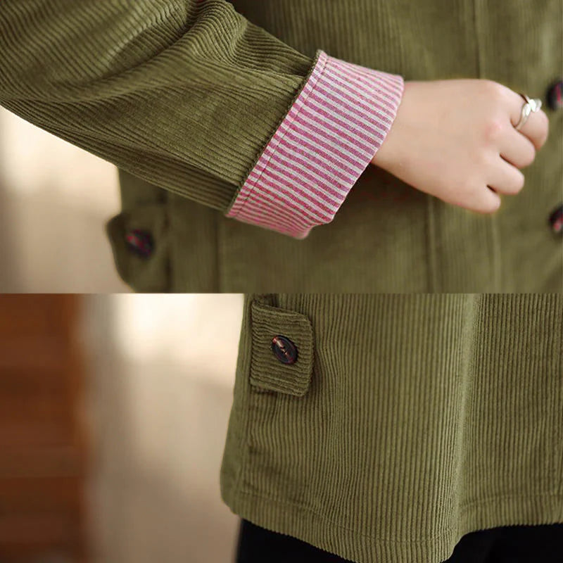 Buddha Stones Buttons Design Corduroy Long Sleeve Women's Jacket With Pockets