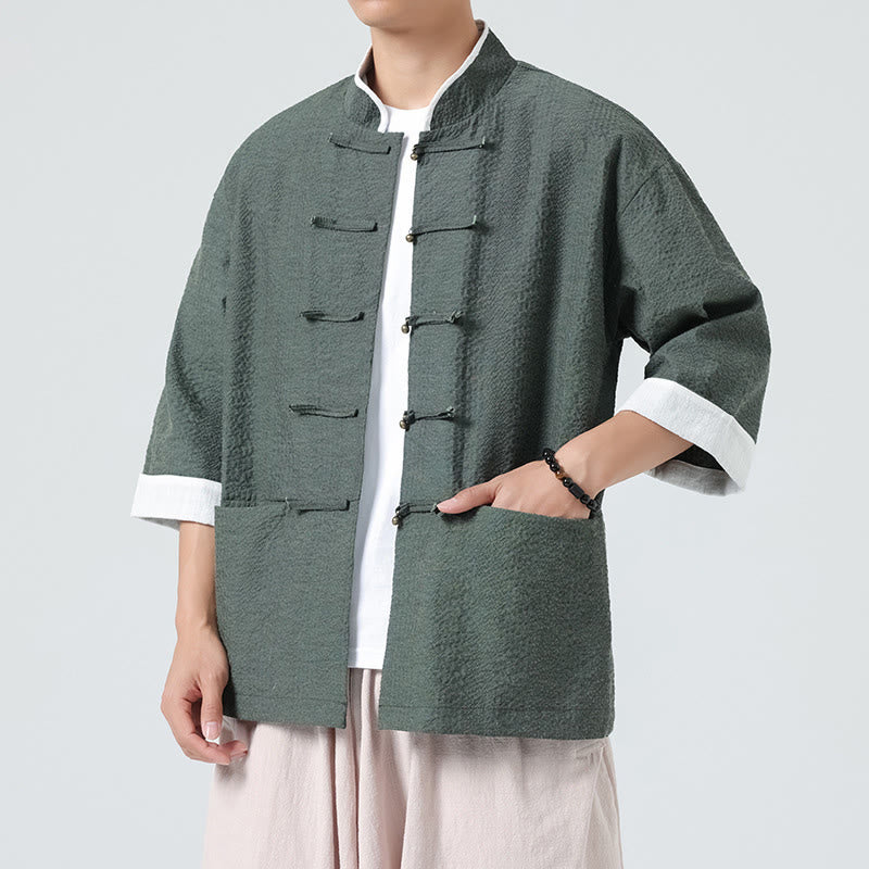 Buddha Stones Spring Solid Color Three Quarter Sleeve Tang Suit Men's Buttons Shirt With Pockets