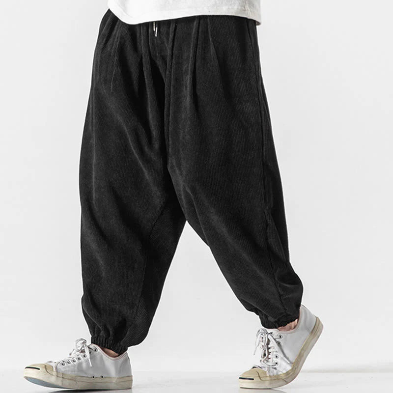 Buddha Stones Casual Pure Color Men's Drawstring Corduroy Harem Ankle-Length Pants With Pockets