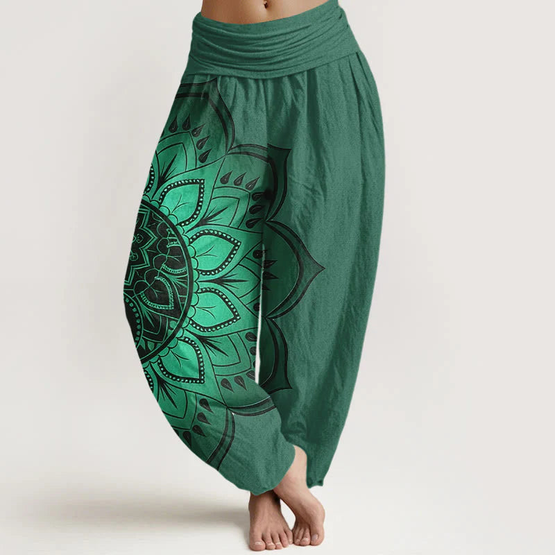 Buddha Stones Cotton Symmetrical Mandala Pattern Women's Elastic Waist Harem Pants