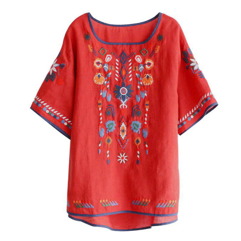Buddha Stones Retro Artistic Embroidery Floral Pattern Crew Neck Women's Cotton Linen Short Sleeve T-Shirt
