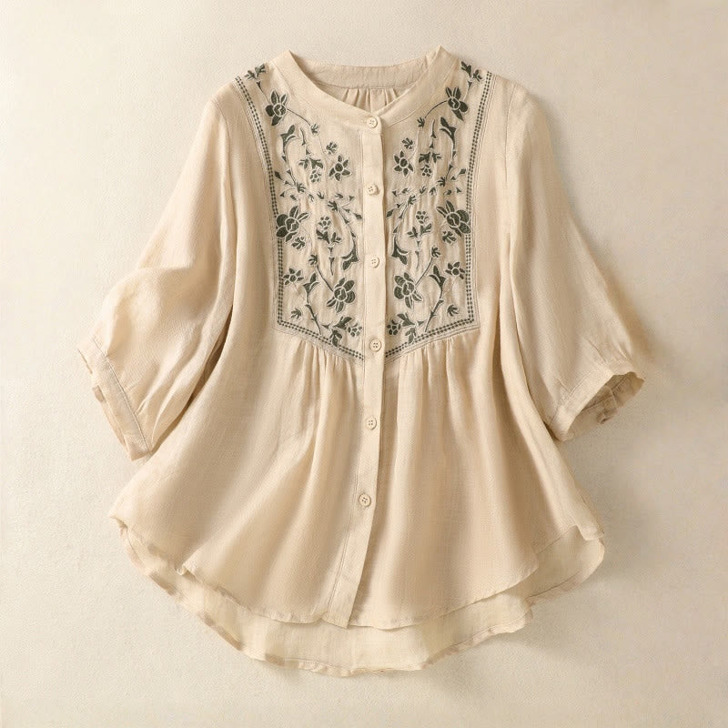 Buddha Stones Embroidery Single Breasted Women's Cotton Linen Three Quarter Sleeve Shirt