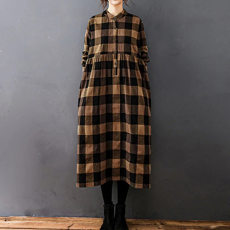 Buddha Stones Commute Patchwork Color Plaid Long Sleeve Cotton Midi Dress